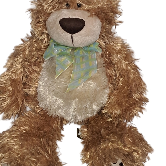 First and Main Plush Fluffy Brown Teddy Bear with Green Blue Plaid Bow Tie #1965 - Picture 2 of 9